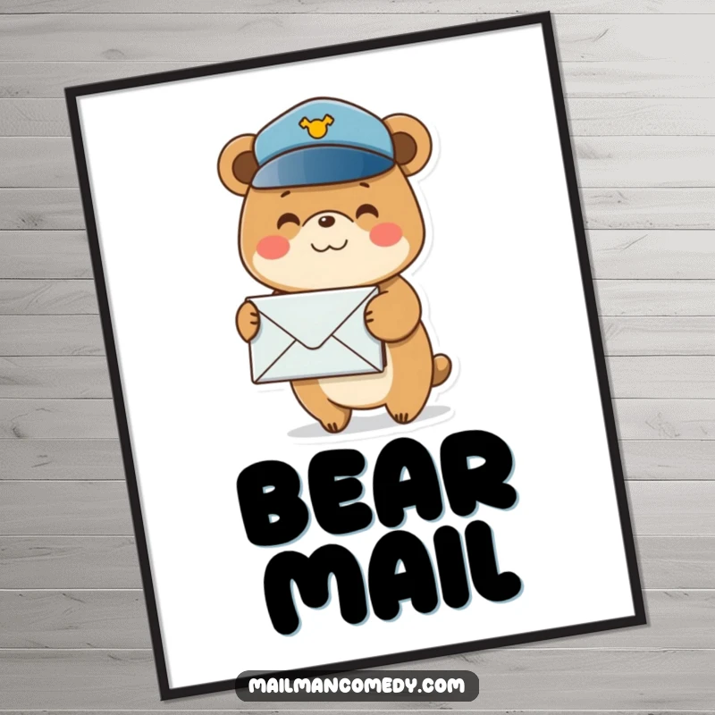 Funny poster art of a smiling bear wearing a postal hat, carefully balancing a tall stack of envelopes, conveying reliability.