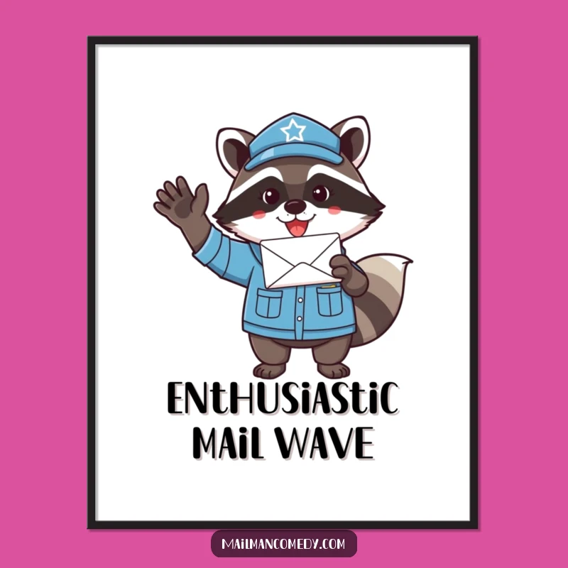 Funny Raccoon Mail Carrier Poster - Enthusiastic Letter Art Gift