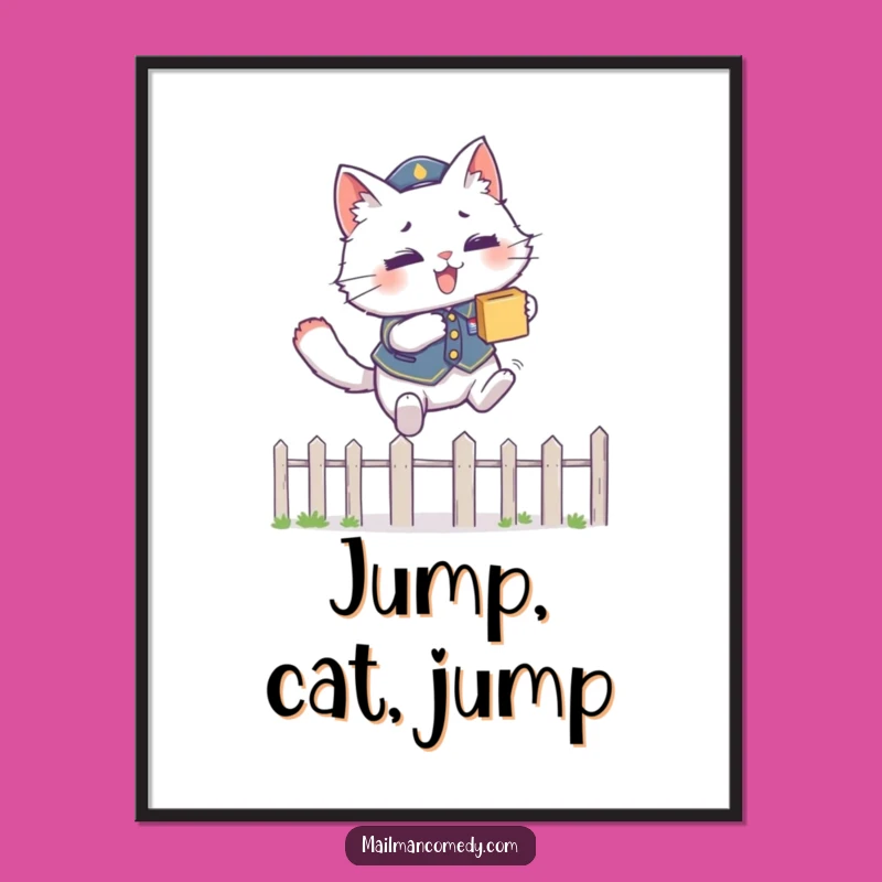 Funny Cat Courier Poster: Leaping Art, Package Delivery, Wall Decor!