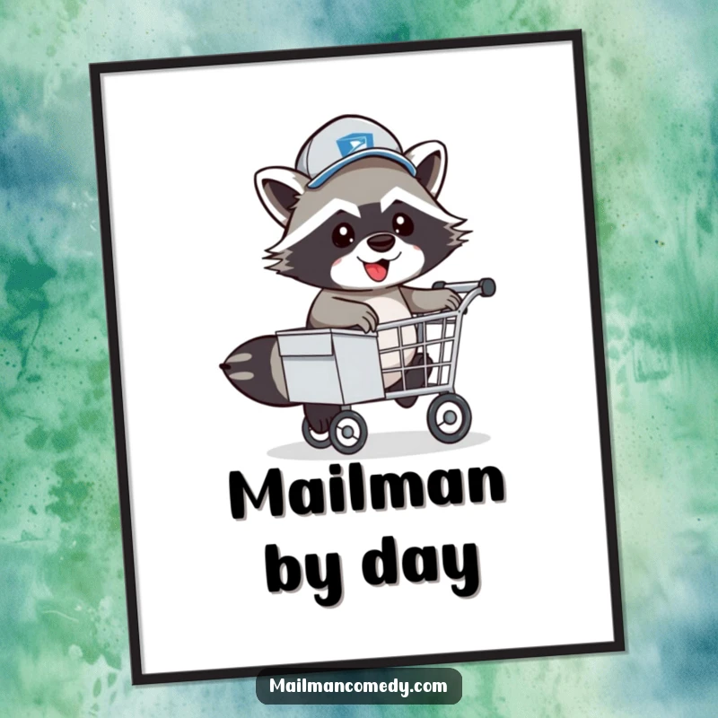 Funny Raccoon Mail Carrier Poster: An energetic raccoon mailman in a hat playfully jumping over a mail cart.