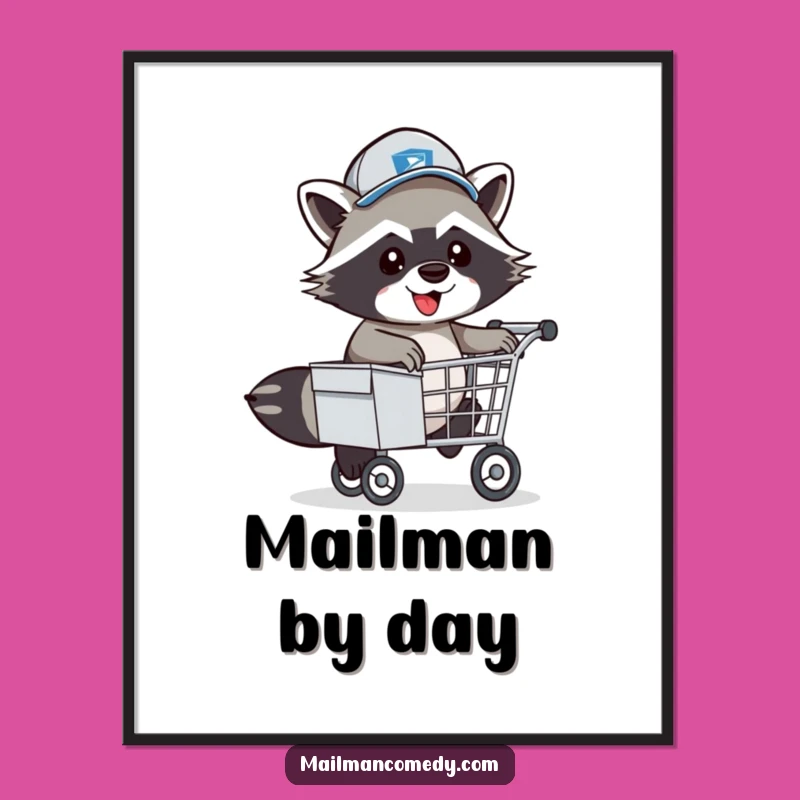 Funny Raccoon Mail Carrier Poster: Energetic Hop Over Cart, Hilarious Wall Art Gift!