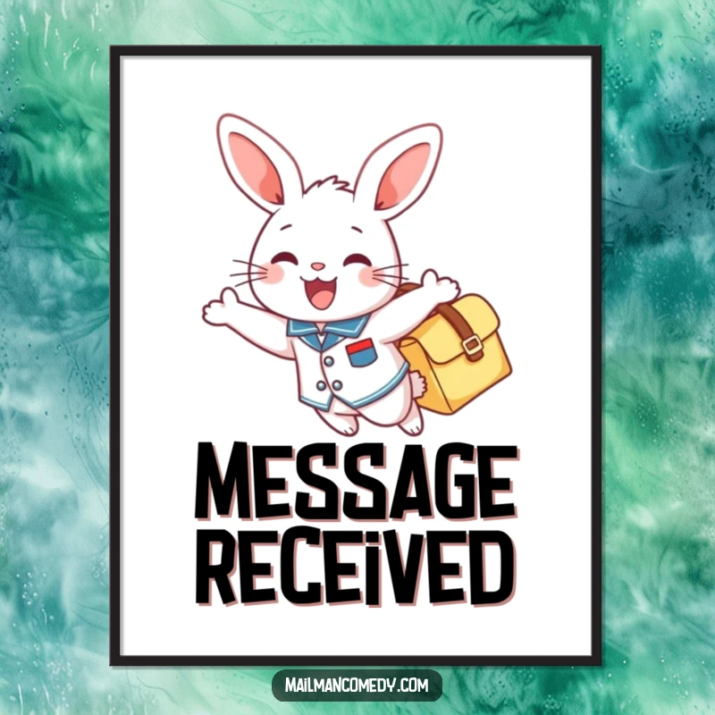 Funny mail bunny poster art of a cheerful bunny in a uniform, gleefully soaring through the air with a mailbag, sky background.
