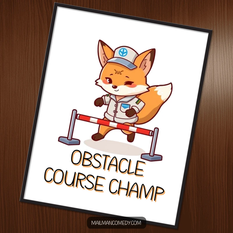 Funny fox mail carrier art, showing a dynamic pose navigating an obstacle course with focus, perfect for a humorous wall decoration.