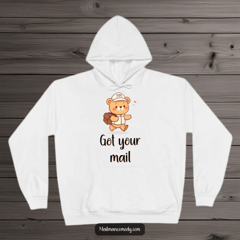 Funny hoodie featuring a cute bear mail carrier skipping happily with a satchel of letters, designed for cozy, cheerful wear.