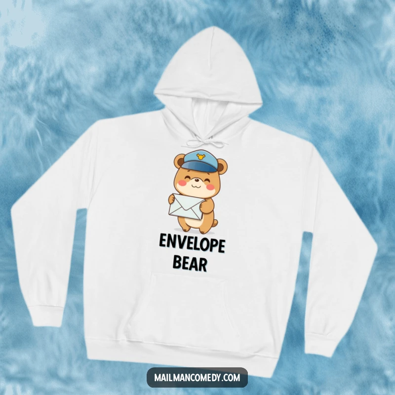 Funny cozy hoodie depicting a smiling bear wearing a postal hat, balancing a stack of envelopes, ready for deliveries.