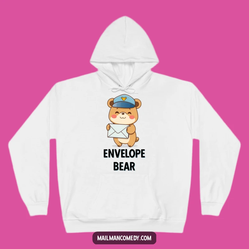 Funny Cozy Bear Hoodie: Postal Delivery, Stacked Envelopes, Warm Humor!