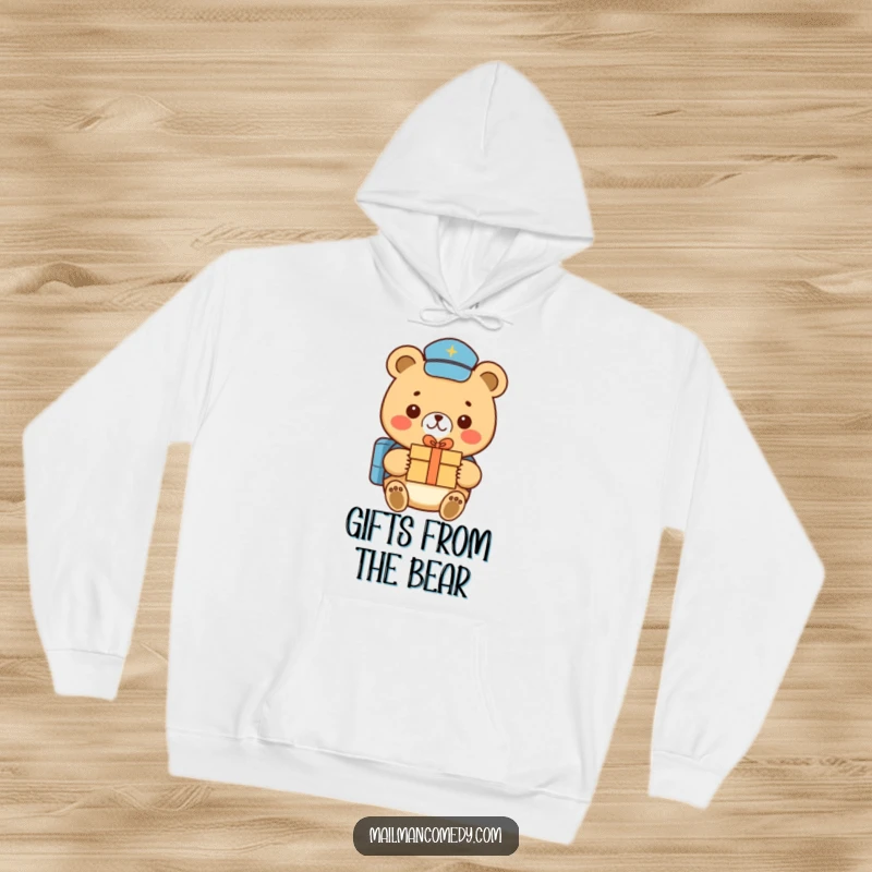 Funny bear mail carrier, holding and delivering a tiny gift box with a smile, printed on a soft and humorous hoodie.