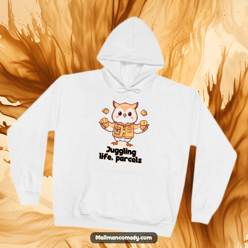 Funny owl mail carrier, actively juggling parcels while wearing a mail vest, printed on a soft and humorous hoodie.