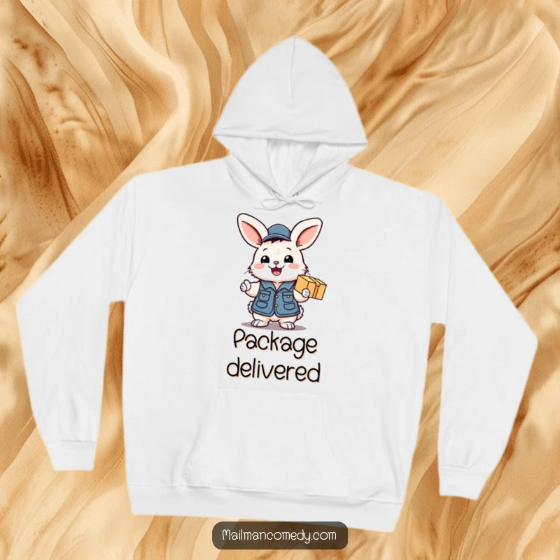 Funny hoodie featuring a fluffy bunny mail carrier excitedly handing over a package with a smile, designed for cozy, cheerful wear.