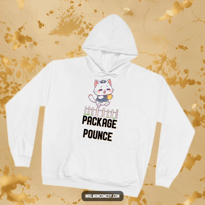 Funny cozy hoodie depicting a fluffy cat in a uniform, leaping over a fence with a package, ready for delivery.