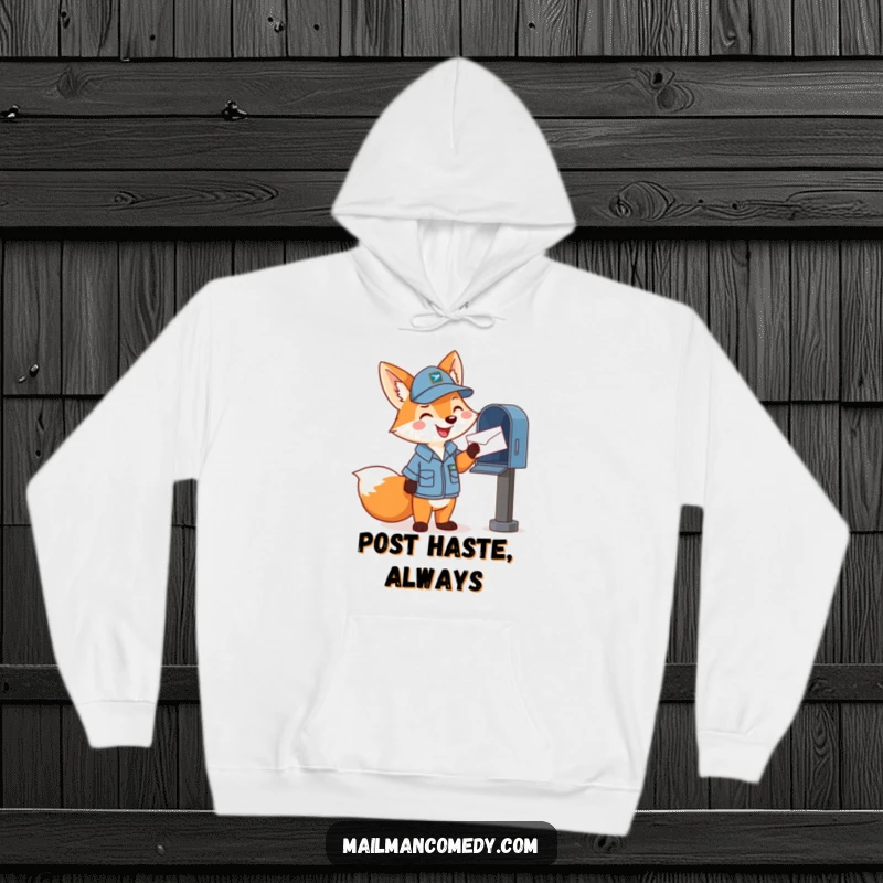 Funny hoodie featuring a happy cartoon fox in a mail carrier uniform, cheerfully tossing a letter into a mailbox, cozy and cute.