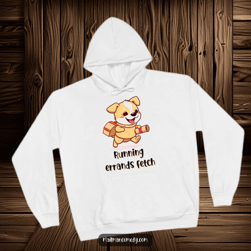 Funny hoodie featuring a playful dog wearing a mail bag, happily running with a rolled-up package, cozy and cheerful.
