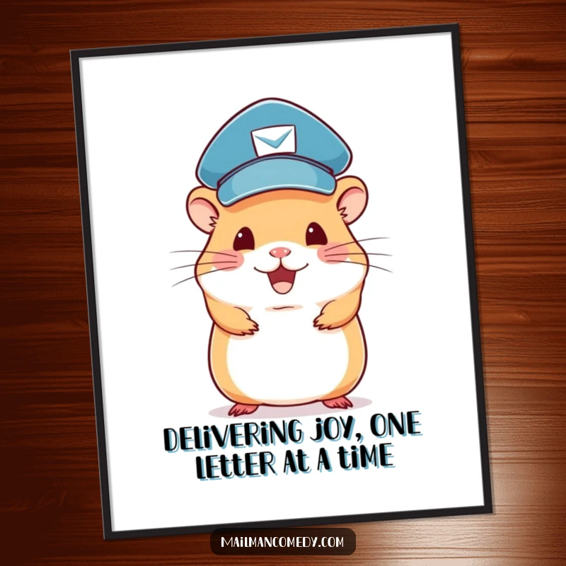 Funny Free Printable Wall Art: A cute hamster dressed as a mail carrier, balancing letters on its head.