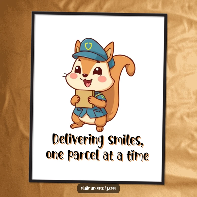 Funny free printable wall art of a squirrel in uniform, eagerly delivering a tiny parcel, adding whimsy.