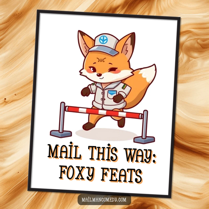 Funny Free Printable Wall Art: Determined fox mail carrier in uniform, overcoming obstacles, delivering a parcel, perfect for office decor.