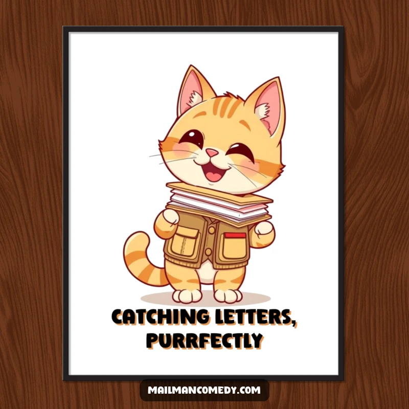 Funny free printable wall art: Giggling cat in a mail carrier vest balances a stack of letters on its nose, bringing playful charm.