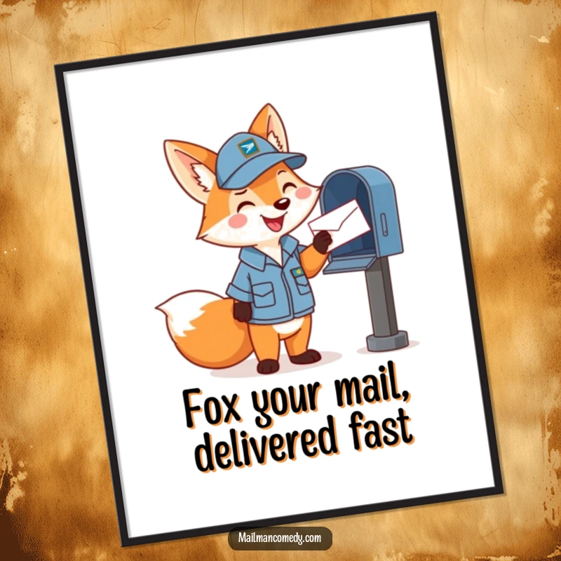 Funny free printable wall art: Happy cartoon fox in mail carrier uniform cheerfully tosses a letter into a mailbox, adding playful charm.