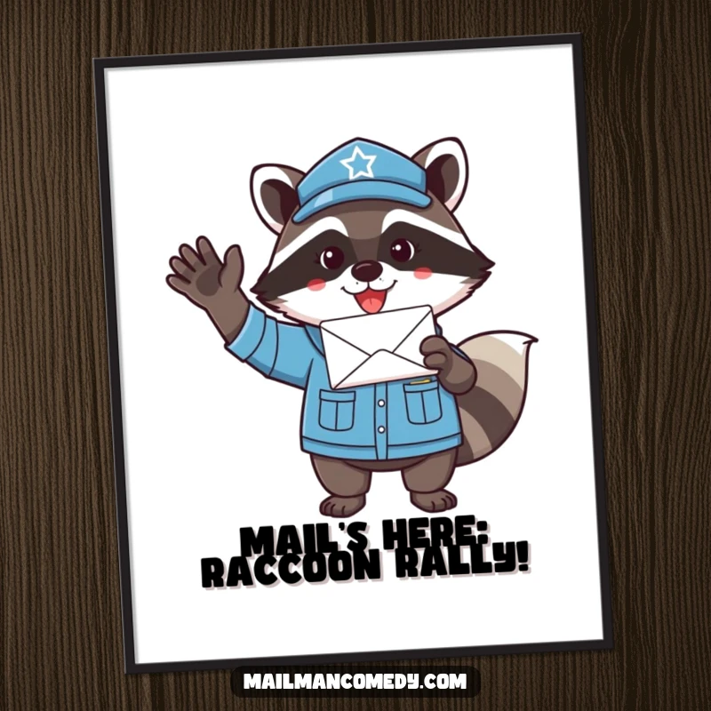 Funny Free Printable Wall Art: Playful raccoon mail carrier in uniform, waving a letter, adding cheerful decor to any space.