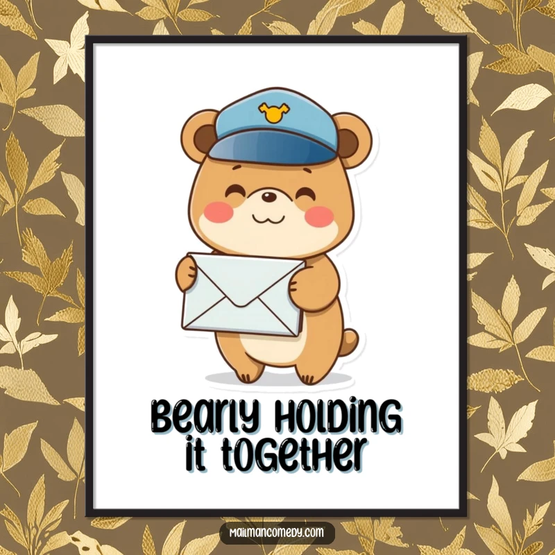 Funny Free Printable Wall Art: A happy bear in a postal hat balancing a large stack of mail serenely