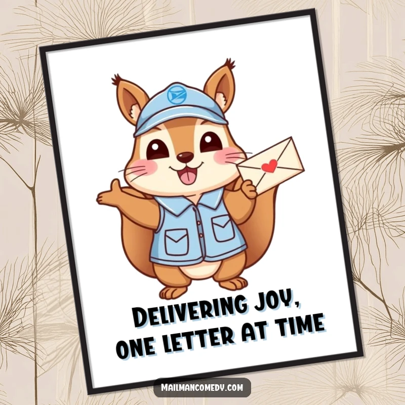 Funny Free Printable Wall Art: Cheerful Squirrel Mail Carrier in Uniform Waving a Letter Excitedly