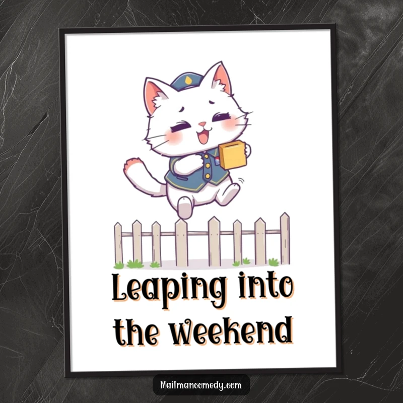 Funny Free Printable Wall Art: A cat in uniform mid-leap over a fence, carrying a package with determination