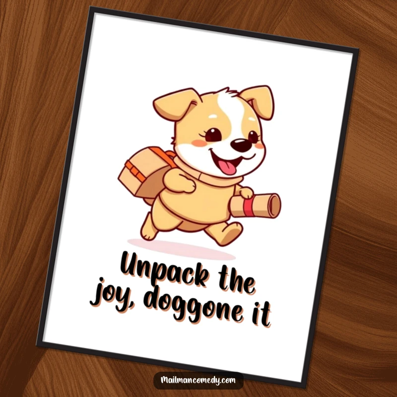 Funny free printable wall art: Playful dog wearing a mail bag happily runs with a rolled-up package, bringing dynamic energy.