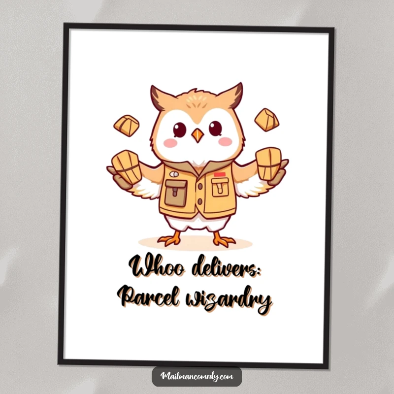 Funny Free Printable Wall Art: Silly owl mail carrier in vest, juggling parcels, adding a whimsical touch to wall decor.