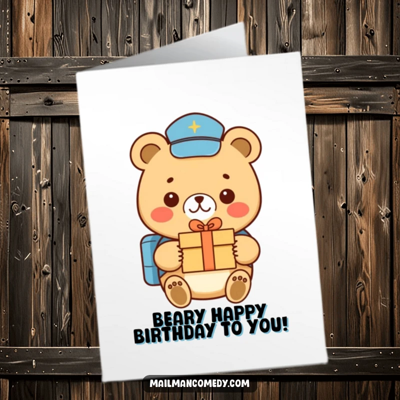 Funny Free Printable Birthday Card: Smiling bear mail carrier in uniform, delivering a tiny gift box, celebrating a birthday.