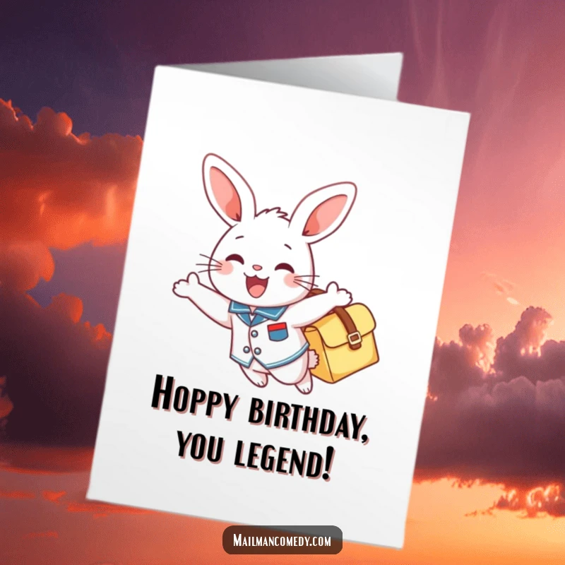 Funny Free Printable Birthday Card: A happy bunny in uniform flying joyfully with a mailbag