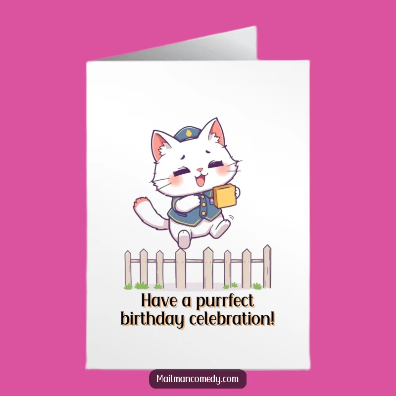 Free Printable Birthday Card: Jumping Cat Courier, Funny Downloadable Gift