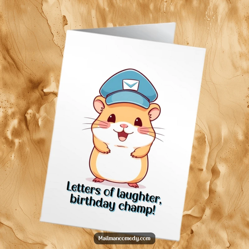 Funny Free Printable Birthday Card: A happy hamster mail carrier balancing letters on its head, ready to deliver joy.