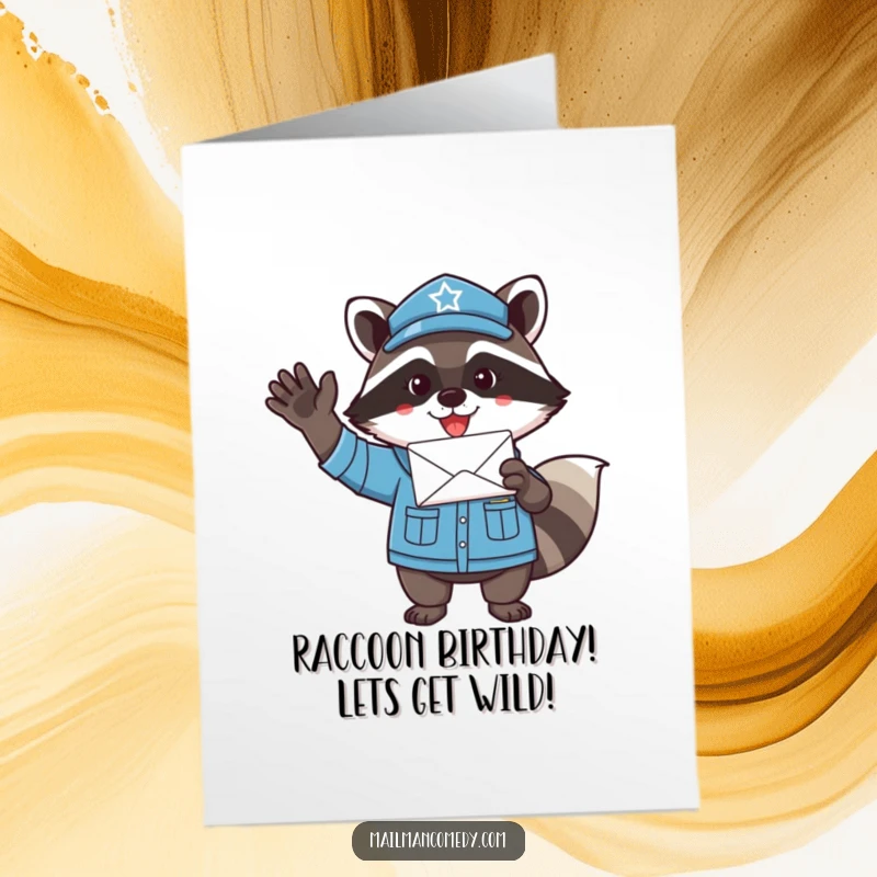 Funny Free Printable Birthday Card: Playful raccoon mail carrier in uniform, enthusiastically waving a letter, celebrating a birthday.