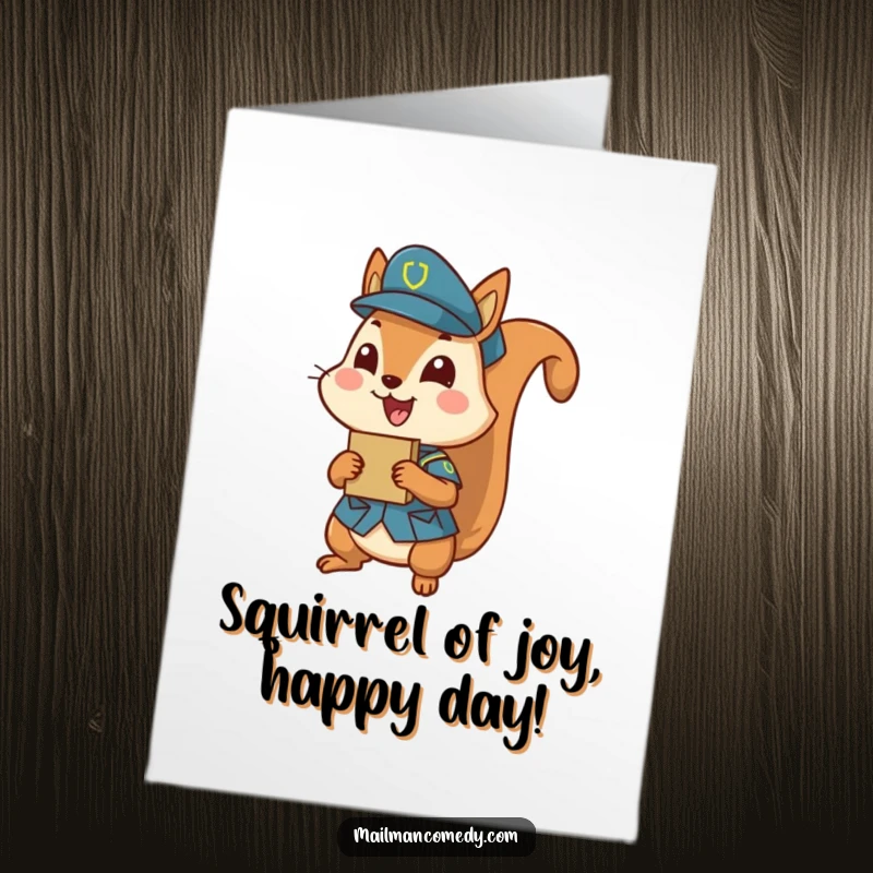 Funny free printable birthday card featuring a cheerful squirrel in uniform with a tiny package, ready for delivery.