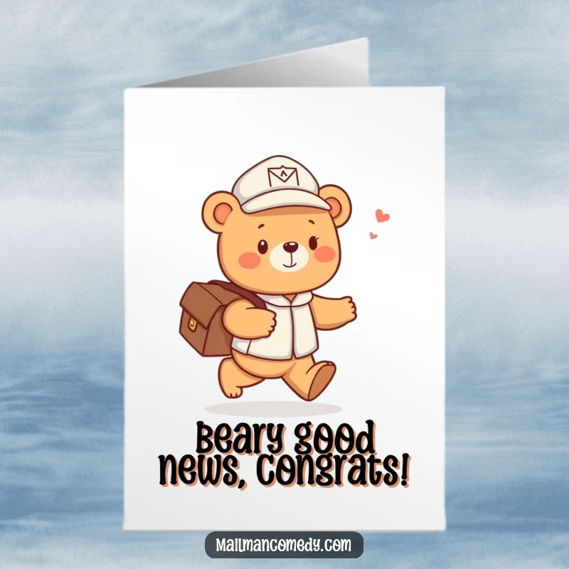 Funny free printable congratulations card: A cheerful bear in a mail hat skips with letters of joy.