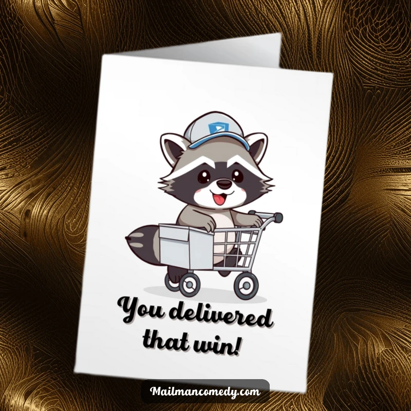 Funny Free Printable Congrats Card: Raccoon Mail Carrier in Hat Playfully Hopping Over Mail Cart