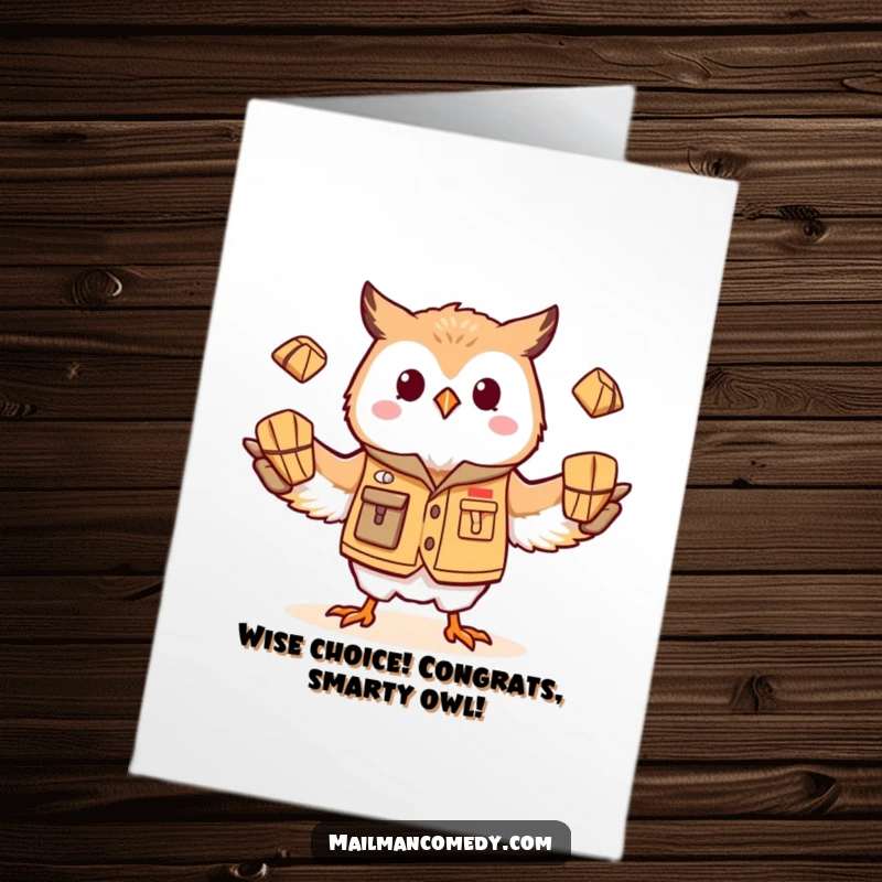 Funny Free Printable Congratulations Card: Silly owl mail carrier in vest, juggling parcels, celebrating achievements with joy.