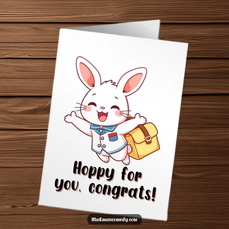 Funny Free Printable Congratulations Card: A bunny in uniform gleefully soaring through the air with a mailbag