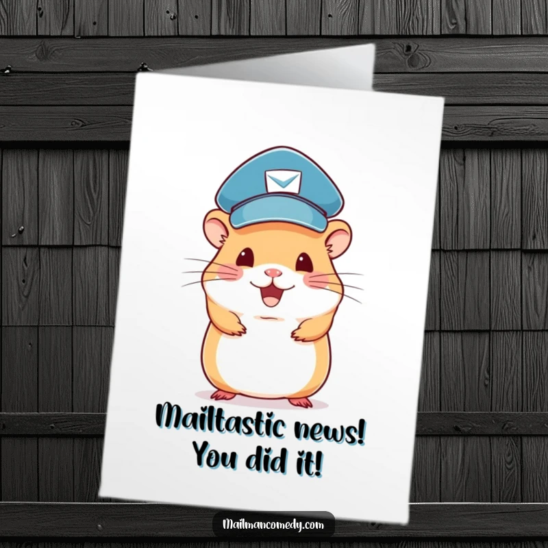 Funny Free Printable Congratulations Card: A smiling hamster mail carrier balancing letters, perfect for celebrating achievements.