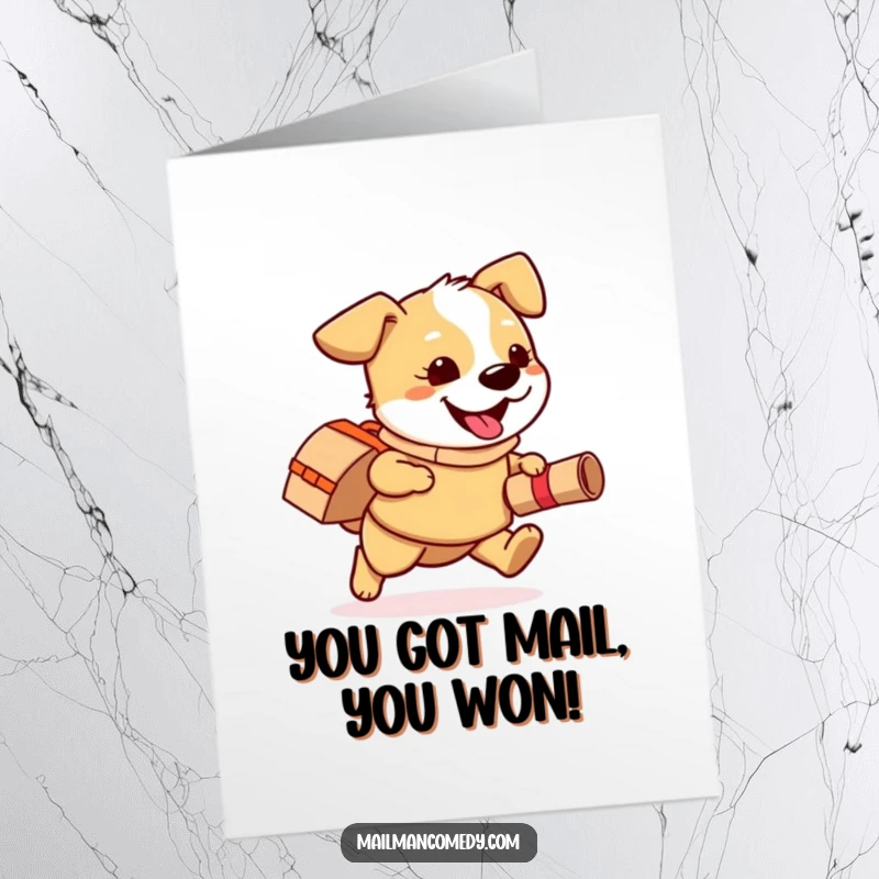 Funny free printable congratulations card: Playful dog wearing a mail bag happily runs with a rolled-up package, celebrating success.