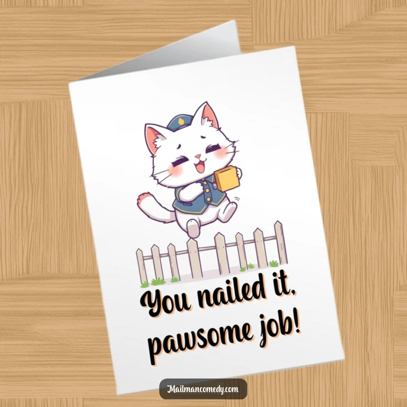 Funny Free Printable Congratulations Card: A fluffy cat in uniform leaping over a fence while carrying a package