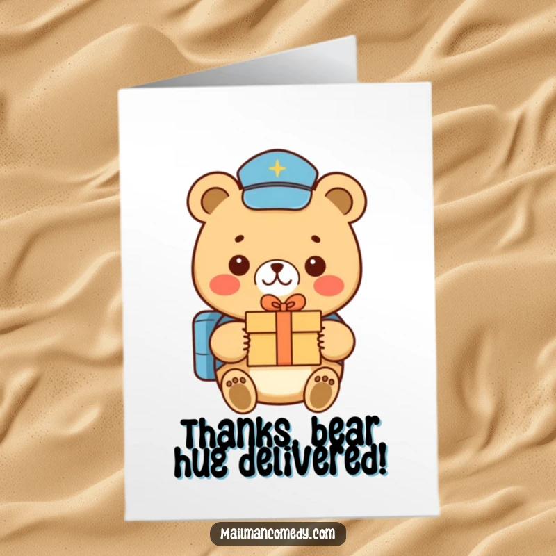 Funny Free Printable Thank You Card: Smiling bear mail carrier in uniform, delivering a tiny gift box, expressing thanks.