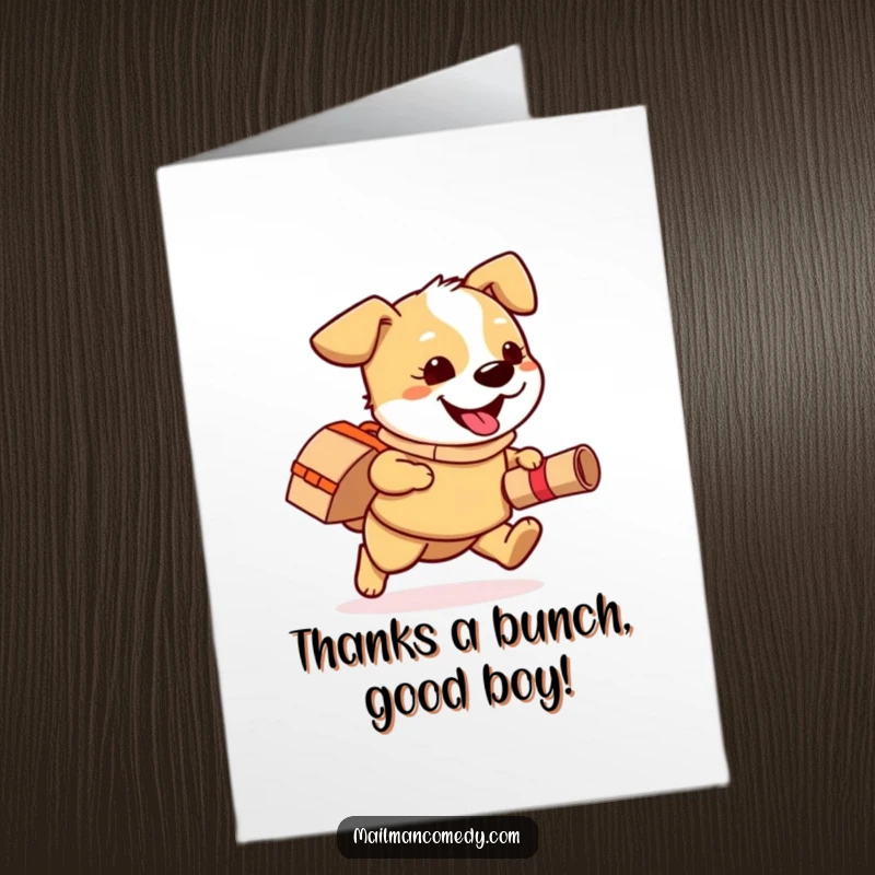 Funny free printable thank you card: Playful dog wearing a mail bag happily runs with a rolled-up package, a joyful thank you.