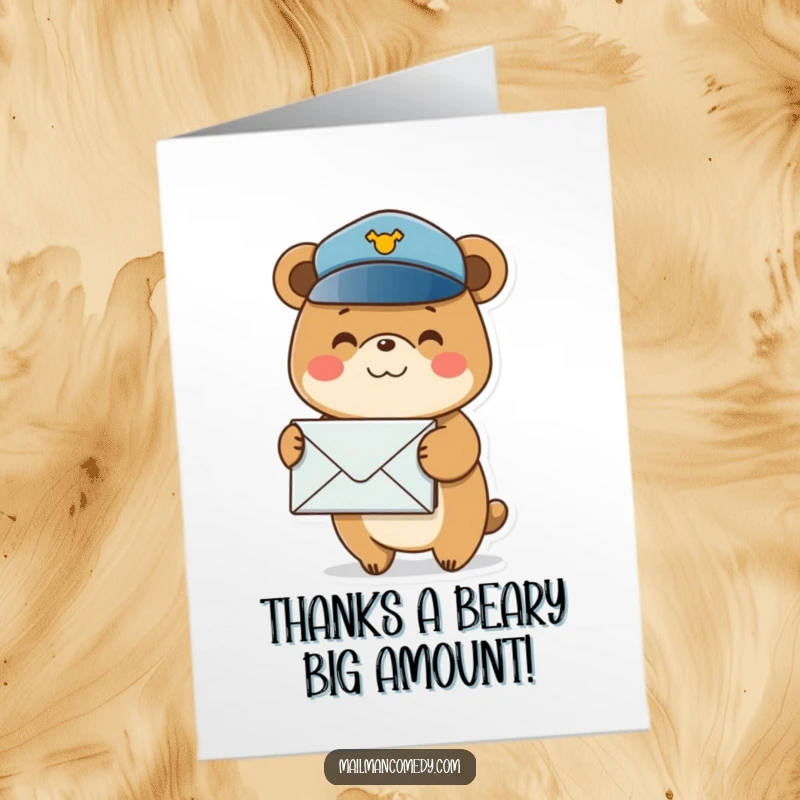 Funny Free Printable Thank You Card: A smiling bear wearing a postal hat holding a stack of envelopes