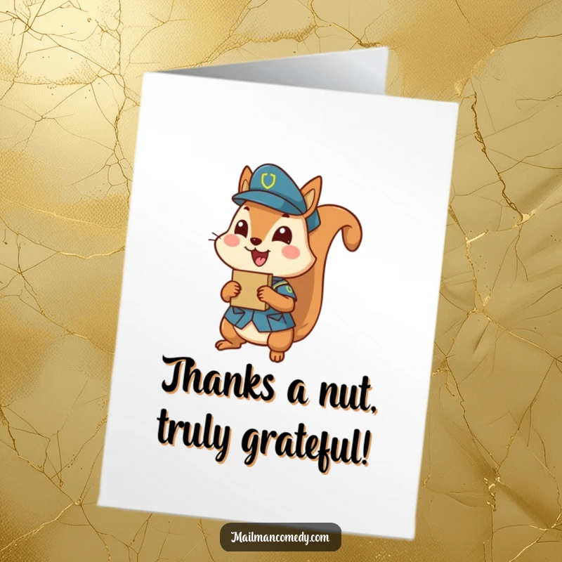 Funny free printable thank you card with a uniformed squirrel excitedly delivering a small package, symbolizing thanks.
