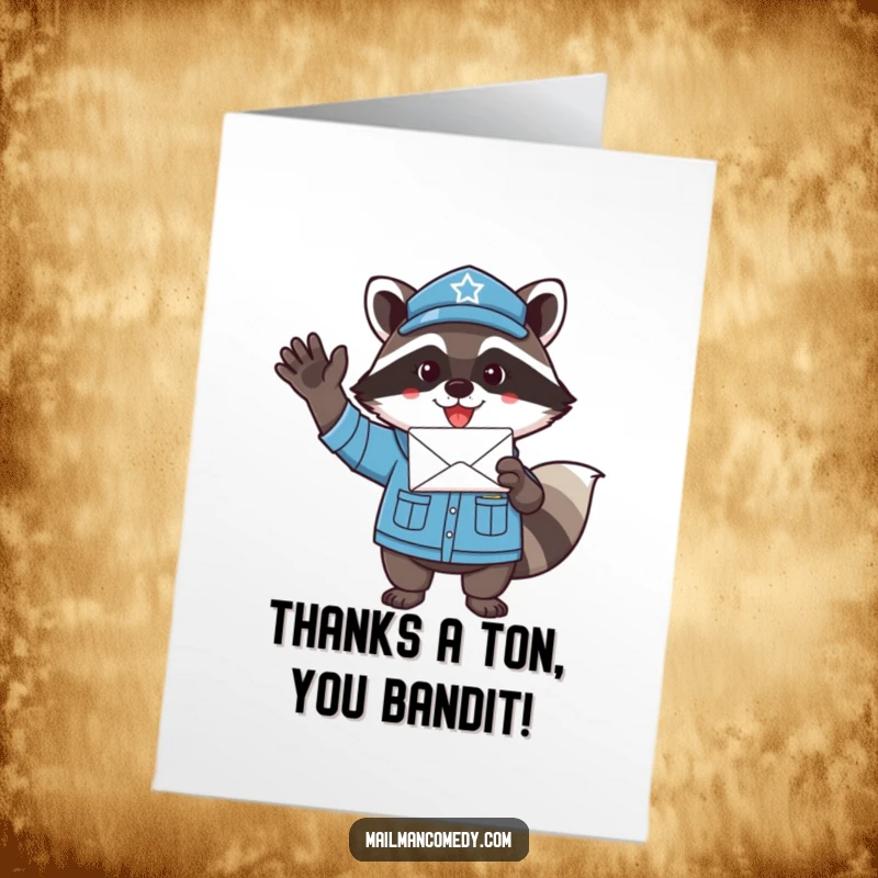 Funny Free Printable Thank You Card: Playful raccoon mail carrier in uniform, waving a letter, showing sincere appreciation.