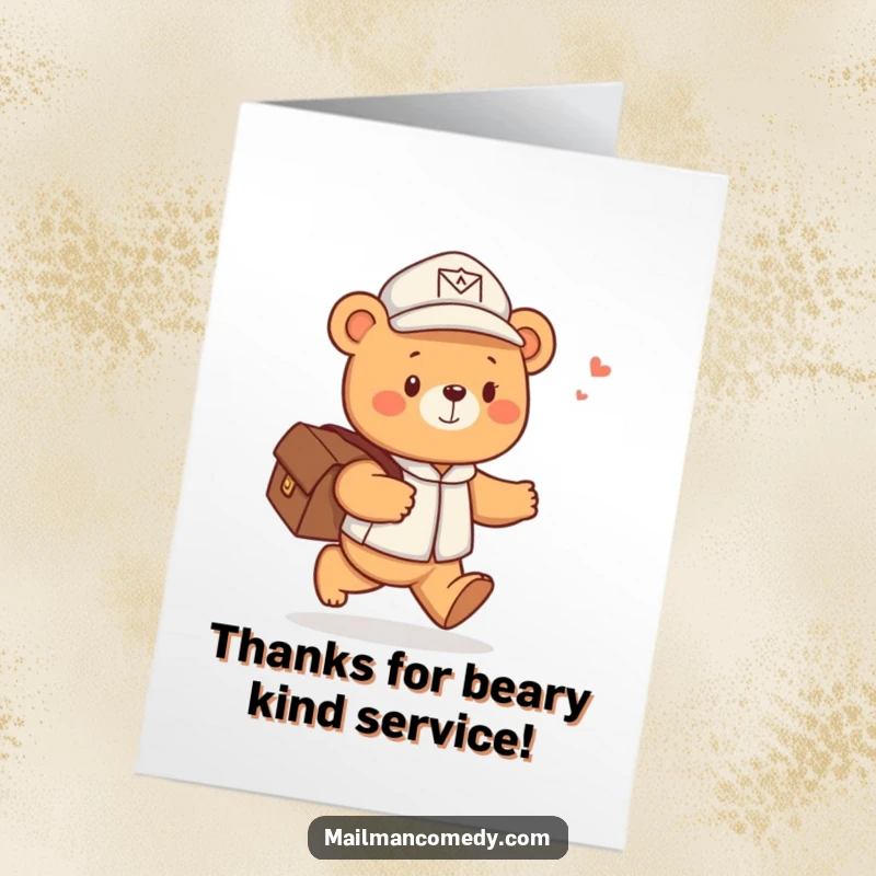 Funny free printable thank you card: A cute bear in a mail hat skips, delivering thanks with joy.