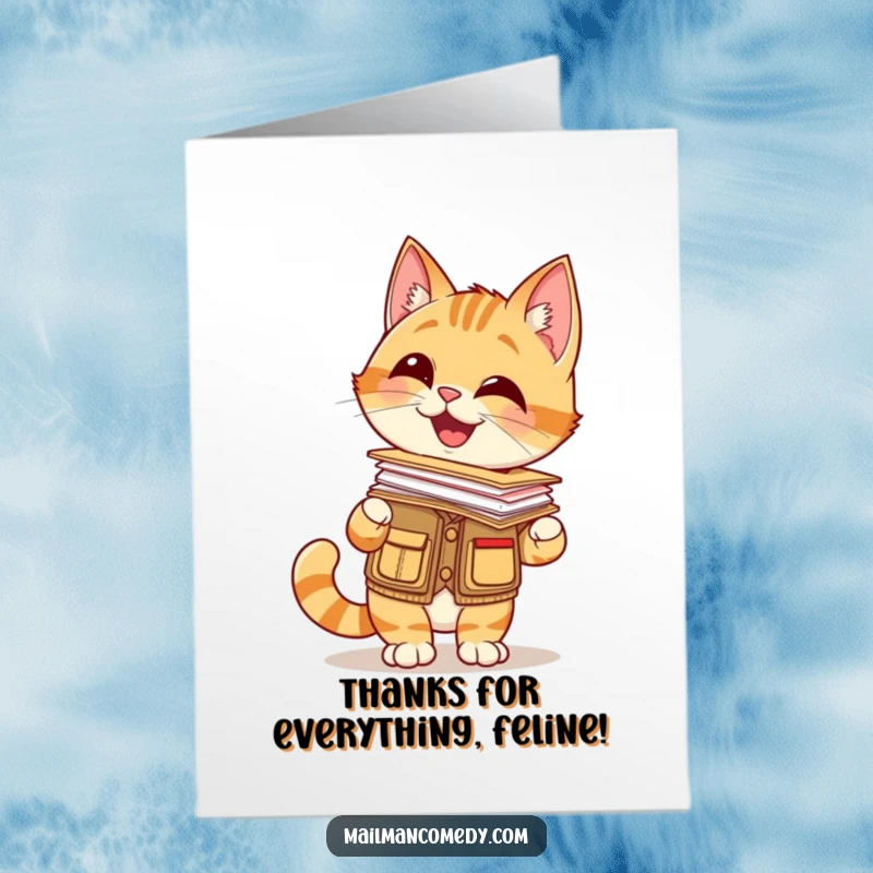 Funny free printable thank you card: Giggling cat in a mail carrier vest balances a stack of letters on its nose, a charming thank you.