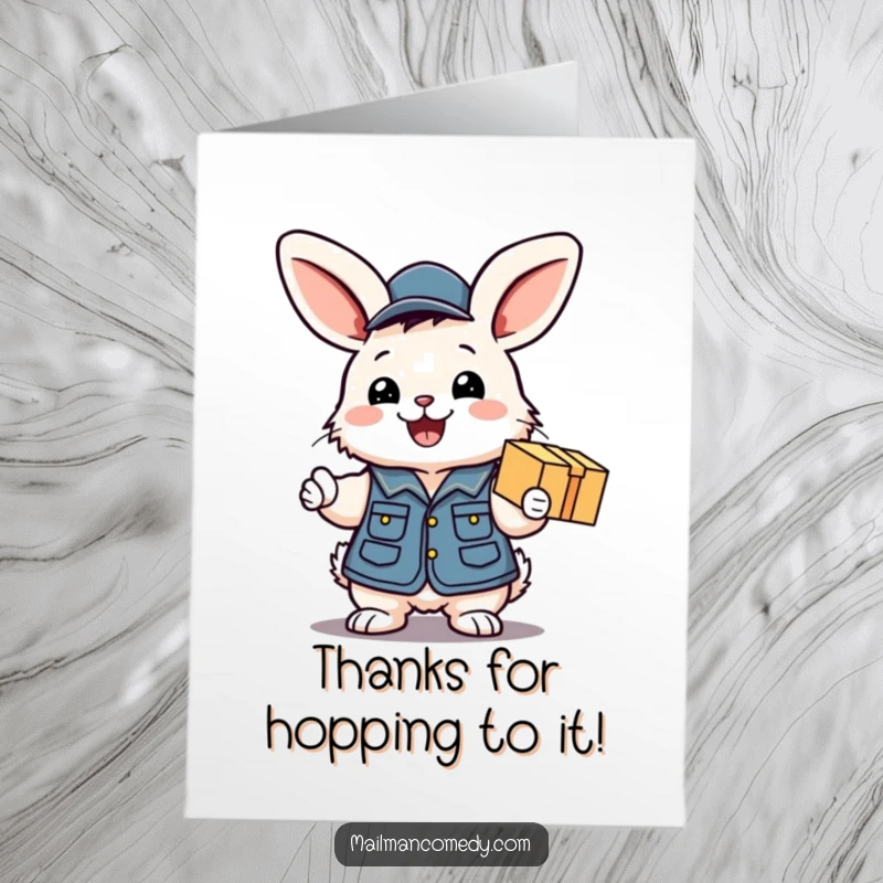 Funny free printable thank you card: A fluffy bunny in a mail vest excitedly hands a package, smiling.