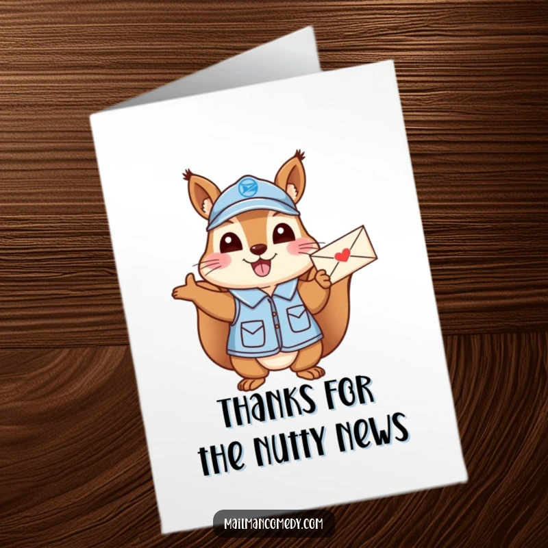 Funny Free Printable Thank You Card: Cheerful Squirrel Mail Carrier in Uniform Waving Letter Excitedly