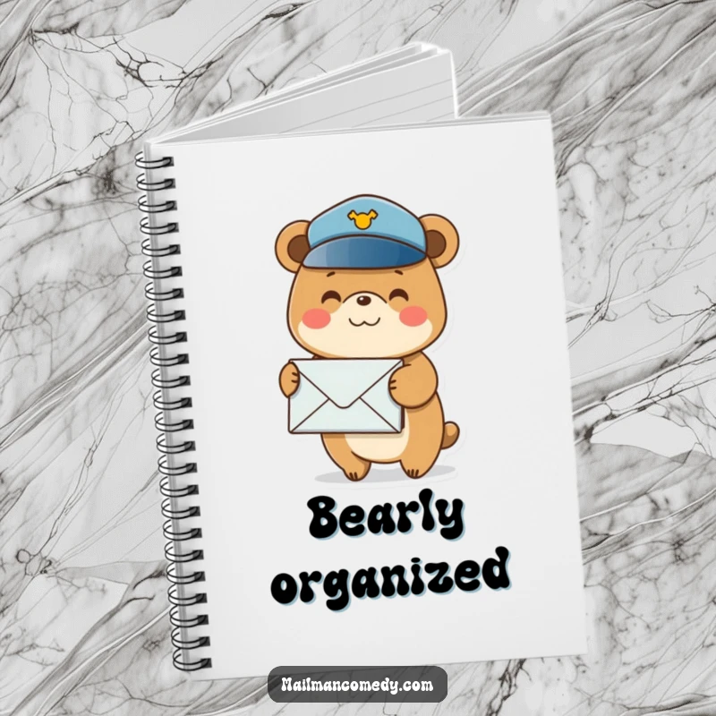 Funny notebook cover featuring a smiling bear in a postal hat, balancing a stack of envelopes, perfect for journaling.